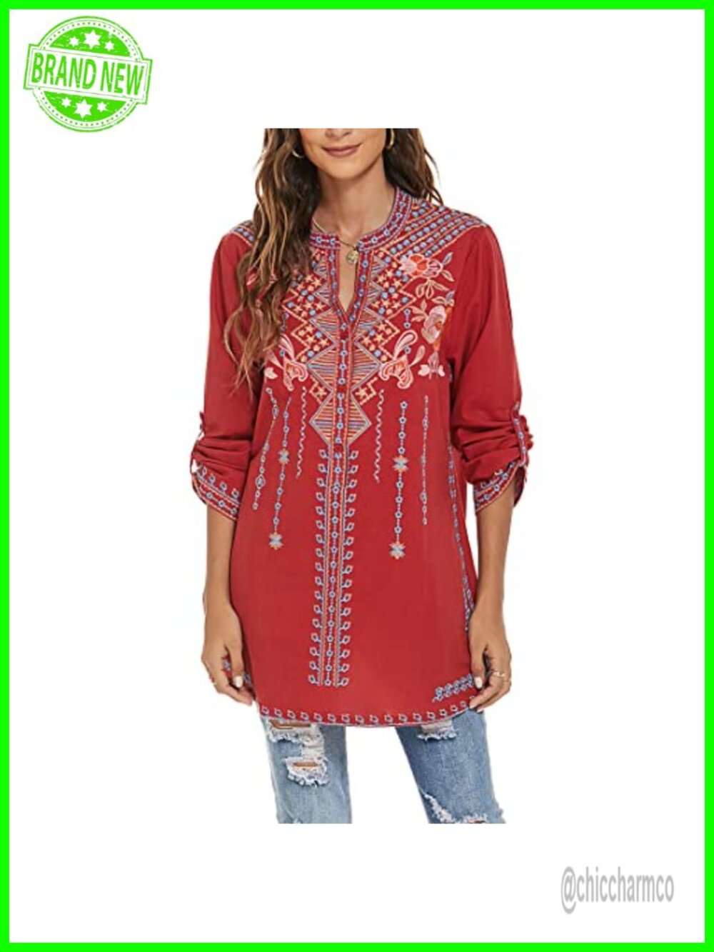 Embroidered Mexican Peasant Tunic Top Cotton Rayon Blend Lined V Neck Blouse